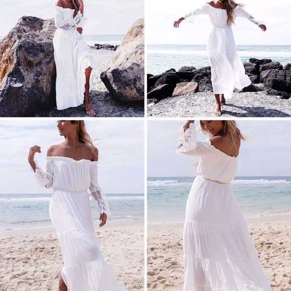 White Off Shoulder Sheer Lace Trim Maxi Dress - Picture 4 of 7